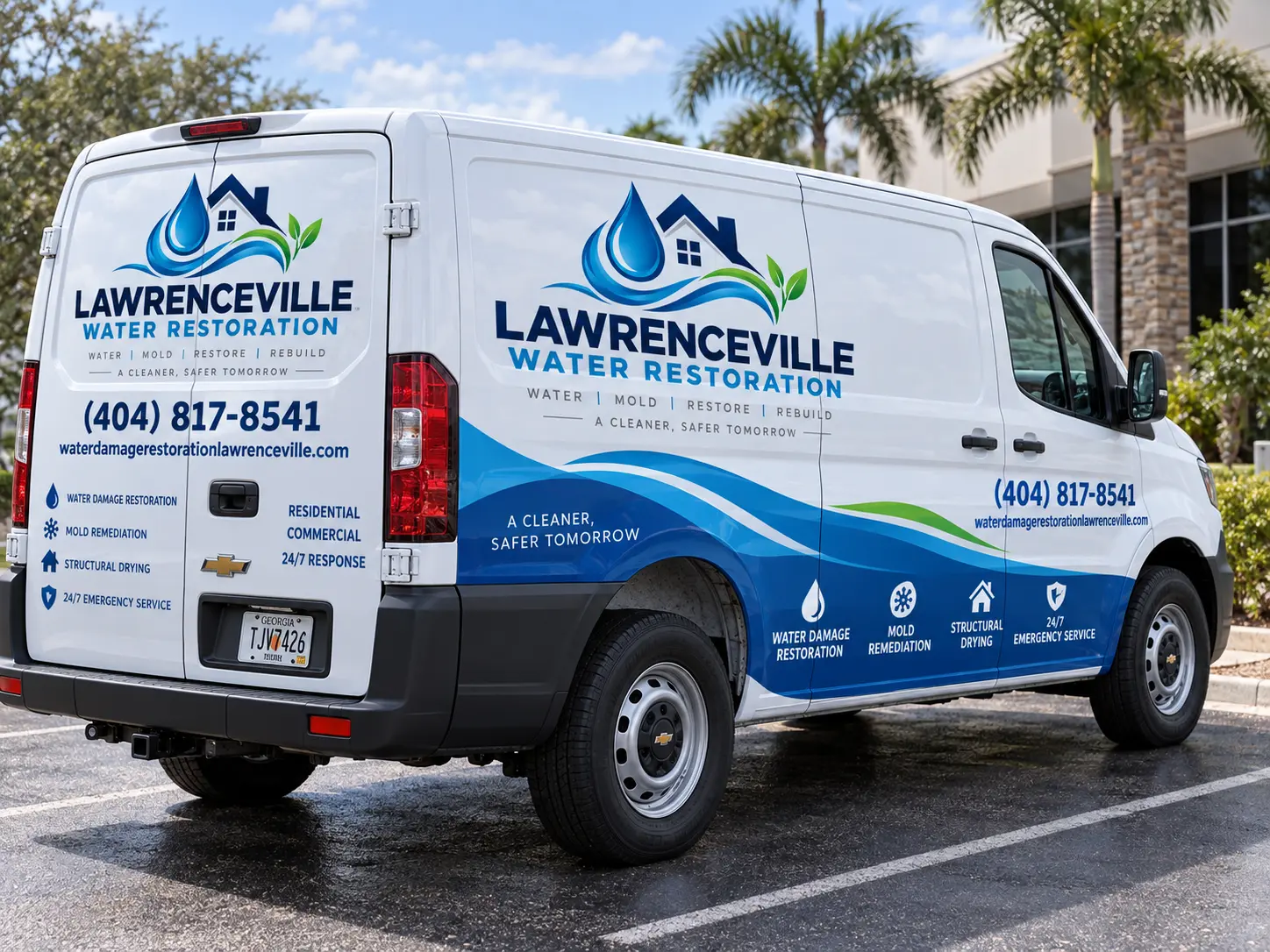 Lawrenceville Water Restoration van, rear and side view, with services and contact number